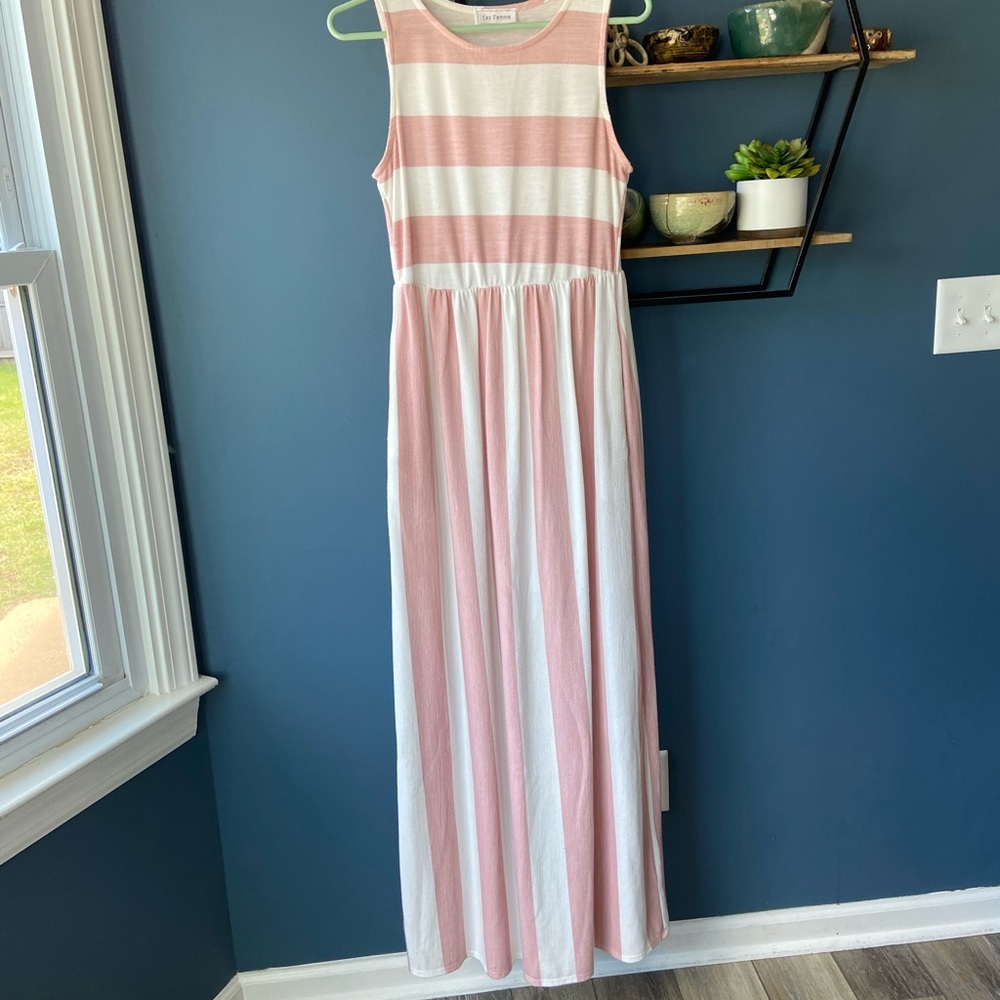 Ces Femme Pink and White Stripe Maxi Dress Small